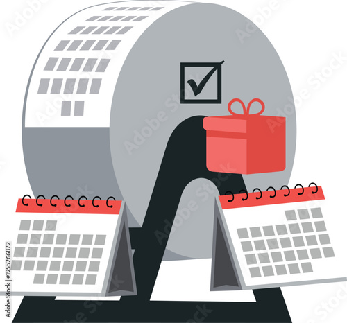 Raffle Drum with Calendars and Gift Box Vector Illustration Representing Scheduled Giveaways and Luck Sureal