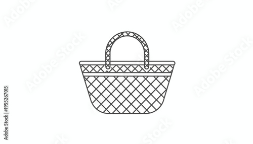Woven Picnic Basket Icon, Outline Drawing, Simple Handheld Container for Food and Goods