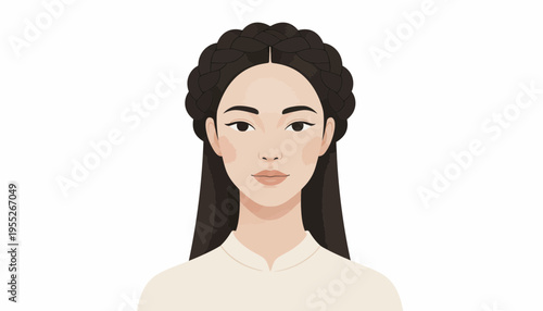 Young Asian woman with intricate braided hairstyle and traditional clothing, front view, isolated on white