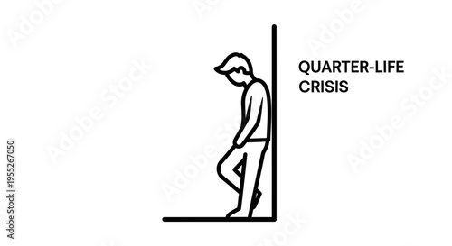 Young man leaning against wall, looking down, symbolizing quarter-life crisis and uncertainty