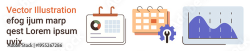Data analytics, business planning, project management, scheduling tools, workflow optimization, security. Vector icons of a calendar, graph report and a gear with a keyhole. Data analytics