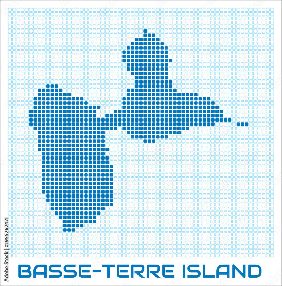 Obraz premium Basse-Terre Island digital style map with blue rounded rectangle dots. Guadeloupe. Dotted boundary shape. Basse-Terre Island blue colored map and title on white background.