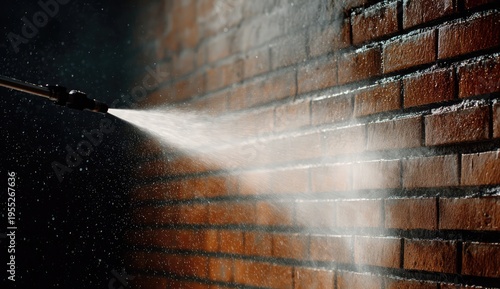 Power washing a brick wall to remove dirt and grime.