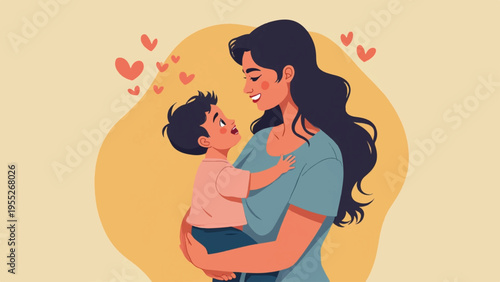 Vector illustration of a woman holding a baby with hearts