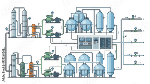Industrial process diagram with machinery and piping.