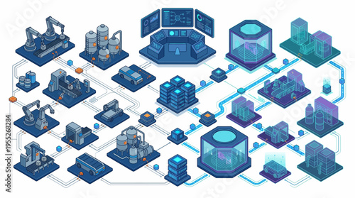 Industrial isometric flowchart with various machinery and factory components.