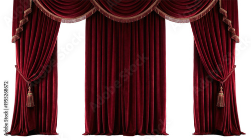 Bild auf Leinwand Ornate red velvet stage curtains with decorative tassels, luxurious theater or e