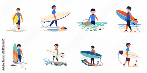 Set of flat vector illustrations featuring a young boy surfing and carrying various surfboards on a sunny beach.