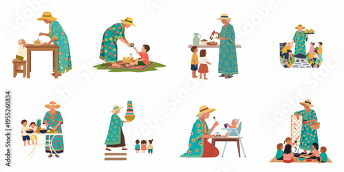 Flat illustration set featuring a grandmother caring for her grandchildren, preparing healthy food, and enjoying outdoor summer activities together in a nurturing environment.
