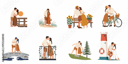 Set of romantic flat vector illustrations featuring a young couple kissing in various scenic outdoor locations like beaches, bridges, and gardens.