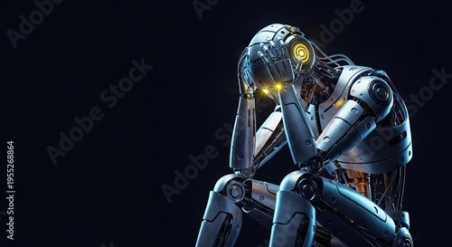 A metallic mechanical robot sits alone in a dark void, clutching its head while its glowing optic sensors flicker with dim yellow light, silver, industry, machine