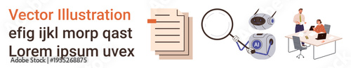 Business processes, teamwork, research, data analysis, office collaboration, technology integration. A document, magnifying glass microchip and people working at a desk. Business processes