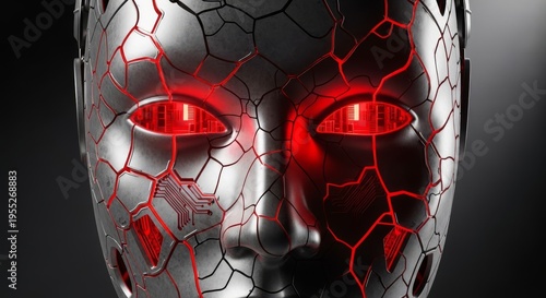 A futuristic metallic android face featuring deep structural cracks with a glowing red light emanating from within the internal circuitry, automaton, electronic, intelligence