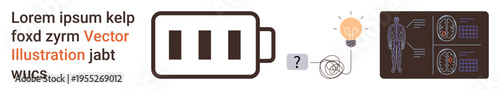 Energy, innovation, healthcare, neuroscience, diagnostics, problem-solving. A battery, lightbulb and brain x-rays on a digital interface. Energy and innovation in healthcare and neuroscience