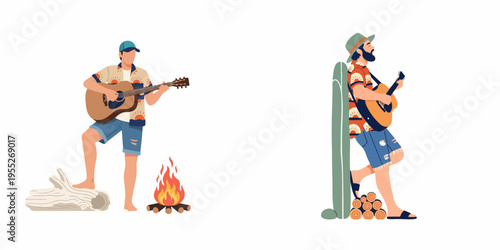 Flat vector illustrations of two young men playing acoustic guitars by a campfire and surfboard, dressed in summer beach attire.