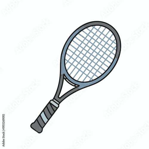 Simplified blue tennis racket with a black outline on a white background