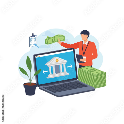 Man deposits money into a laptop screen bank with cash, plant, and document