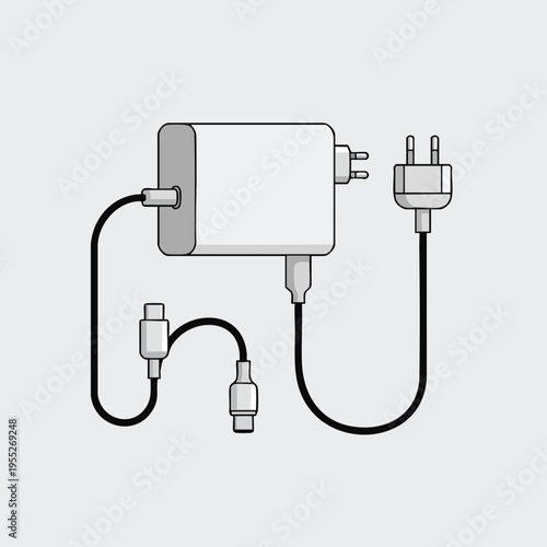 Power adapter with plug and USB cables, gray outline