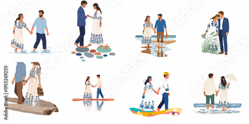 Set of flat vector illustrations featuring a romantic couple in bohemian summer outfits walking along the beach, through waves, and in nature.