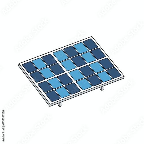 Isometric view of a solar panel with alternating dark and light blue squares