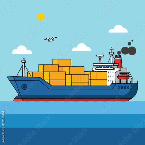A blue cargo ship filled with yellow containers sails on blue water
