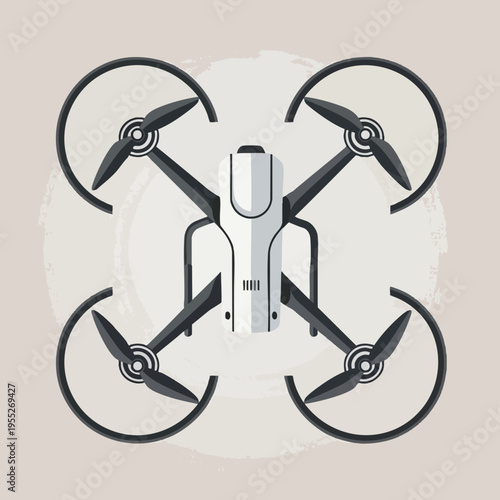 A minimalist, stylized quadcopter drone viewed from directly above, against a textured background