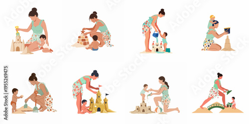 Vector illustration set of mothers and children playing on the beach, building sandcastles together during summer vacation.