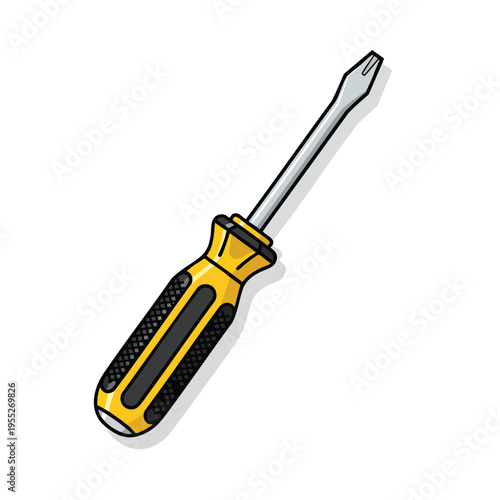 A simple cartoon drawing of a yellow and black handled screwdriver with a silver shaft