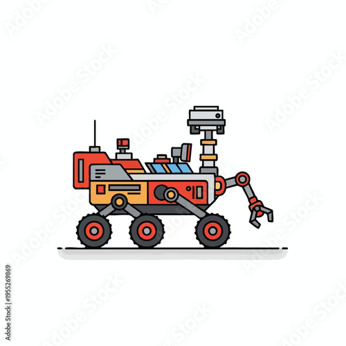 Colorful cartoon rover with six wheels and robotic arm, on flat ground