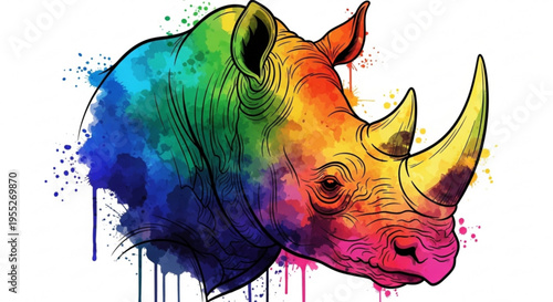 Vibrant rainbow colored rhino head with paint splatters on white background symbolizing creativity and conservation