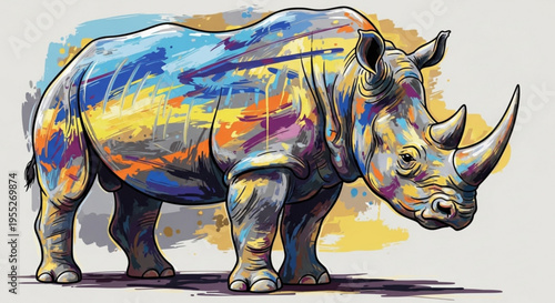 Vibrant rhinoceros with abstract multicolor paint splashes on body standing on white background with dramatic horn and textured skin