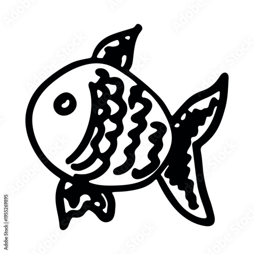 Hand drawn happy funny cute goldfish Adorable friendly kawaii tropical fish Underwater world sea life ocean Fishing seafood For design, kids print, kids books, nursery decor, coloring pages, logo