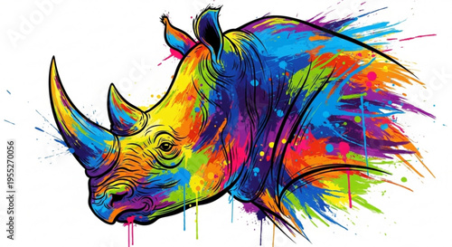 Vibrant colorful rhinoceros head with paint splatters on white background abstract animal art