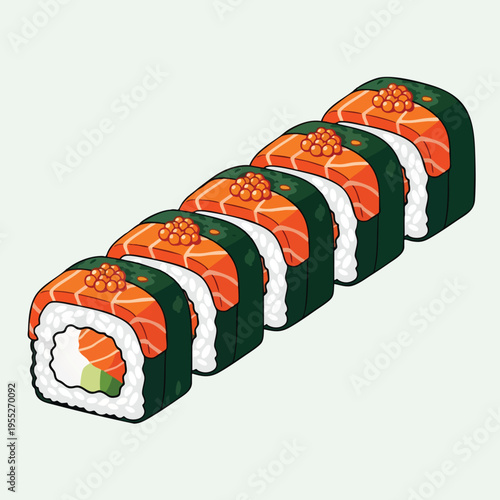 Fresh salmon sushi rolls with roe on a light background