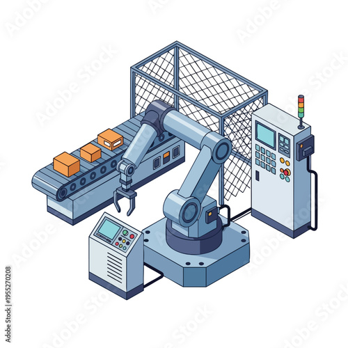 Automated robotic arm on assembly line sorting boxes with control panel