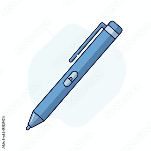 Simple blue stylus with clip and button, isolated on a light blue abstract background