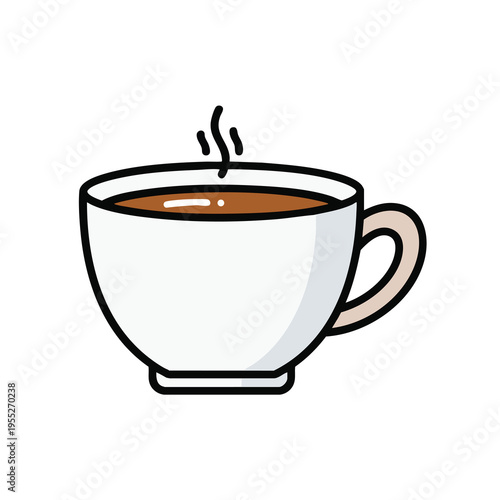 A steaming cup of coffee in a white mug with a tan handle