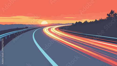 Driving on a curved road during sunset with bright lights showing vehicle movement at dusk near a mountain range