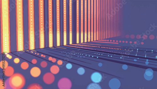 Colorful lights and patterns create a visual display in a modern space during an evening event