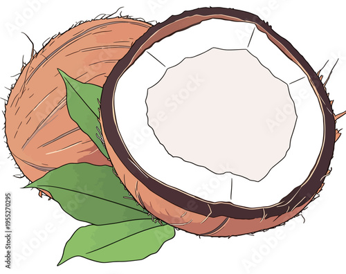 Coconut split open with one half showing white flesh and green leaves on a simple background