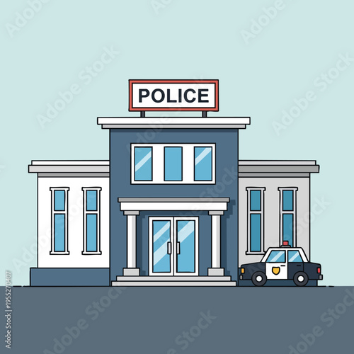 Cartoon police station with a police car parked outside