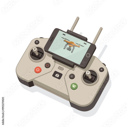 Drone controller with smartphone displaying drone image, sticks, and buttons