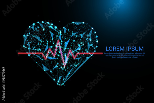 Digital Polygonal Heart with ECG Line Representing Futuristic Cardiology and Healthcare Technology