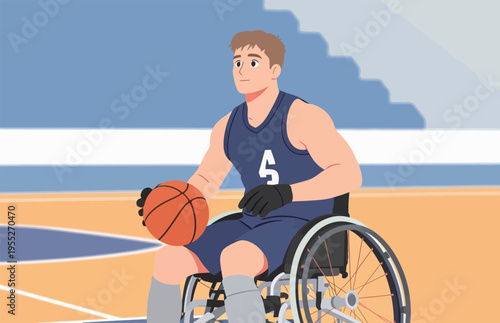 Young man in wheelchair basketball uniform prepares to shoot a basketball during practice in gym