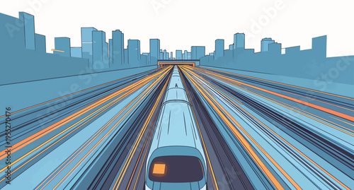 Train travels through city scene with tall buildings and dynamic lines showing motion in the background during daytime hours