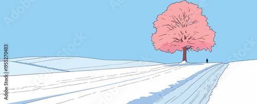 Bright pink tree stands alone in a snowy field during winter with a single person walking nearby under a clear blue sky