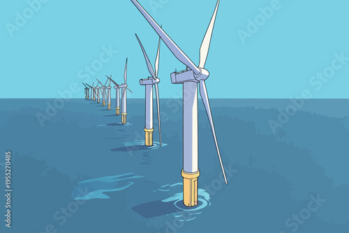Wind turbines generate clean energy on a sunny day in the ocean