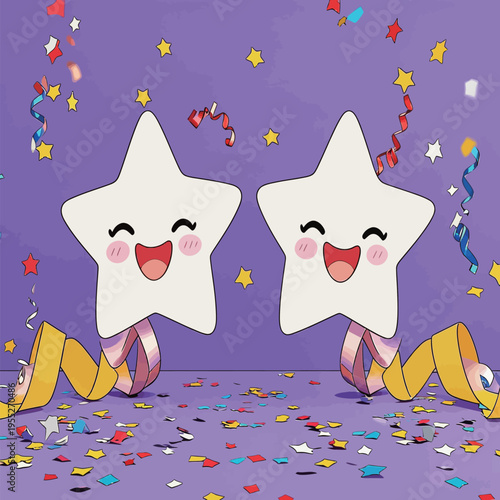 Two happy star characters celebrate with confetti and ribbons in a colorful setting during a festive occasion