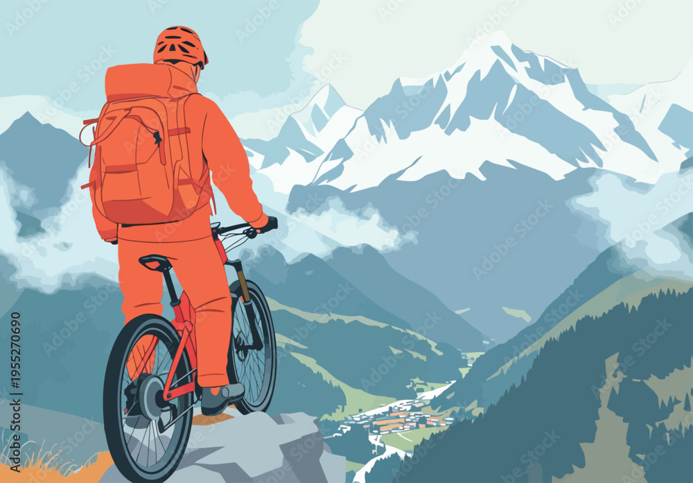 Fototapeta premium Cyclist looks over valley with mountains in background during a sunny day in the Swiss Alps