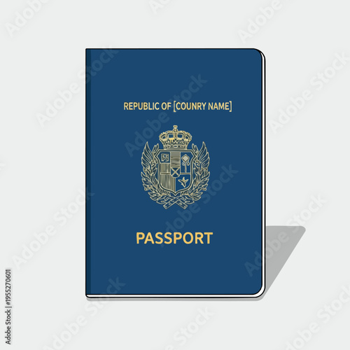 Blue passport with gold emblem and text "REPUBLIC OF [COUNRY NAME]" and "PASSPORT